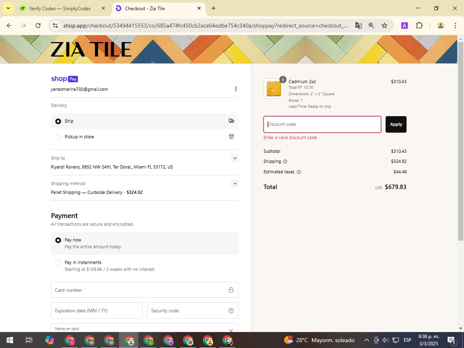 Zia Tile discount code screenshot showing code ZIATRADE10 applied at Zia Tile checkout page. Uploaded by SimplyCodes community member NobleMonarch1787 on Mar 3, 2025