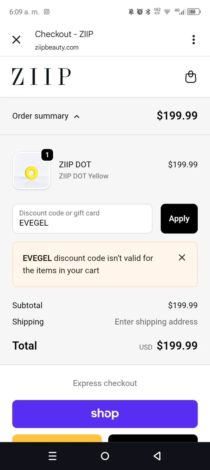 ZIIP discount code screenshot showing code EVEGEL applied at ZIIP checkout page. Uploaded by SimplyCodes community member leiraM on Oct 22, 2025