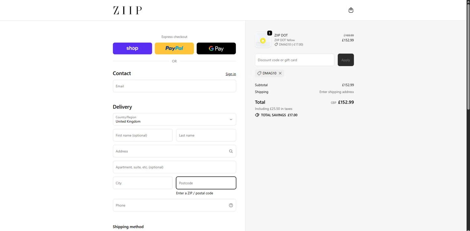 ZIIP discount code screenshot showing code DMAG10 applied at ZIIP checkout page. Uploaded by SimplyCodes community member SavingsPioneer4533 on Dec 24, 2025