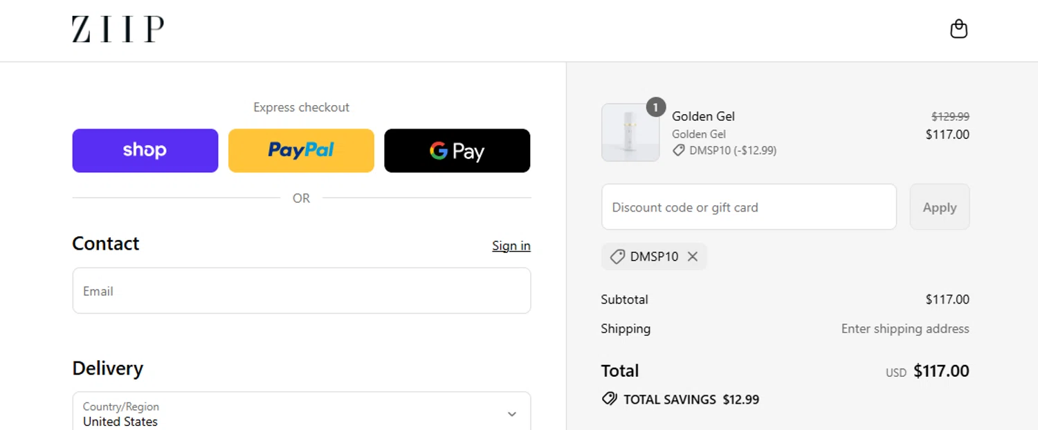 ZIIP discount code screenshot showing code DMSP10 applied at ZIIP checkout page. Uploaded by SimplyCodes community member javierprez on Sep 9, 2025
