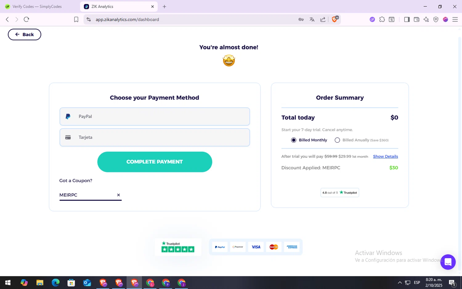 ZIK Analytics coupon code screenshot showing code MEIRPC applied at ZIK Analytics checkout page. Uploaded by SimplyCodes community member VoucherSpotter6910 on Oct 2, 2025