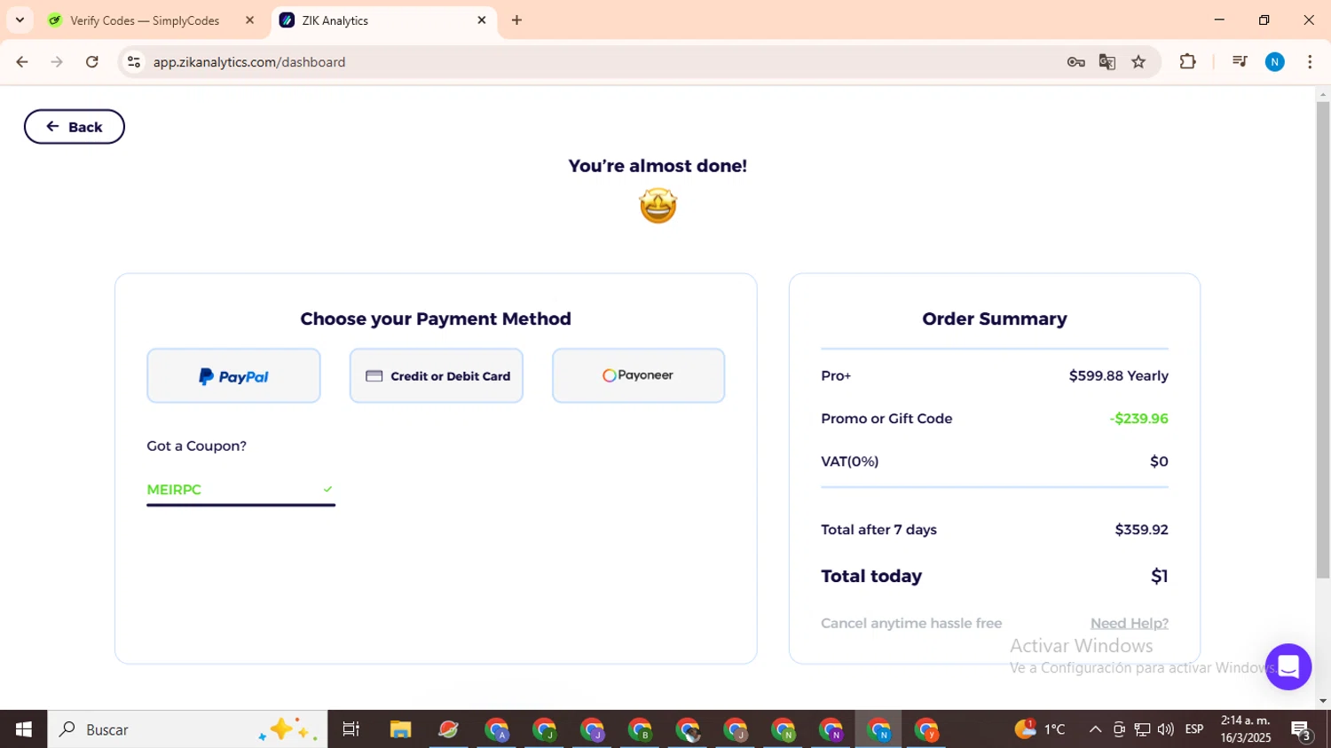 ZIK Analytics coupon code screenshot showing code MEIRPC applied at ZIK Analytics checkout page. Uploaded by SimplyCodes community member CoinHawk678 on Mar 16, 2025
