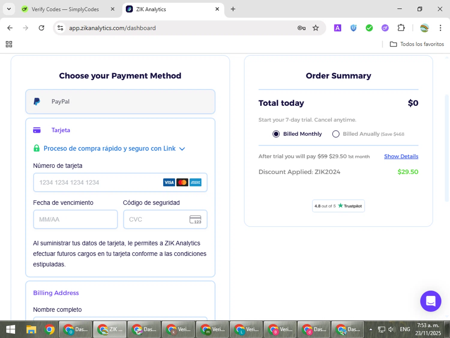 ZIK Analytics coupon code screenshot showing code ZIK2024 applied at ZIK Analytics checkout page. Uploaded by SimplyCodes community member CoinMaven5220 on Nov 23, 2025