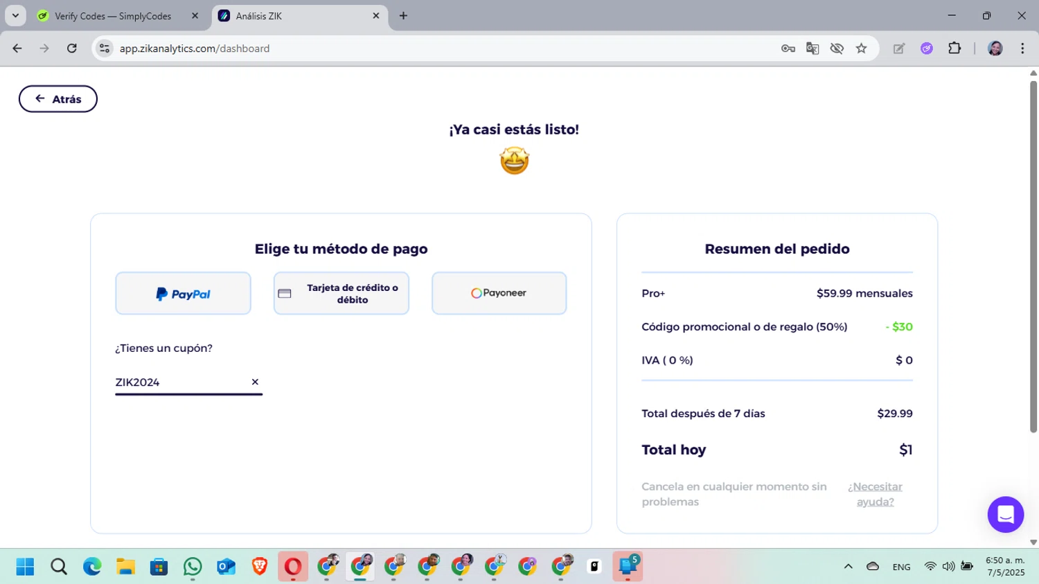 ZIK Analytics coupon code screenshot showing code ZIK2024 applied at ZIK Analytics checkout page. Uploaded by SimplyCodes community member MarielisPb on May 7, 2025