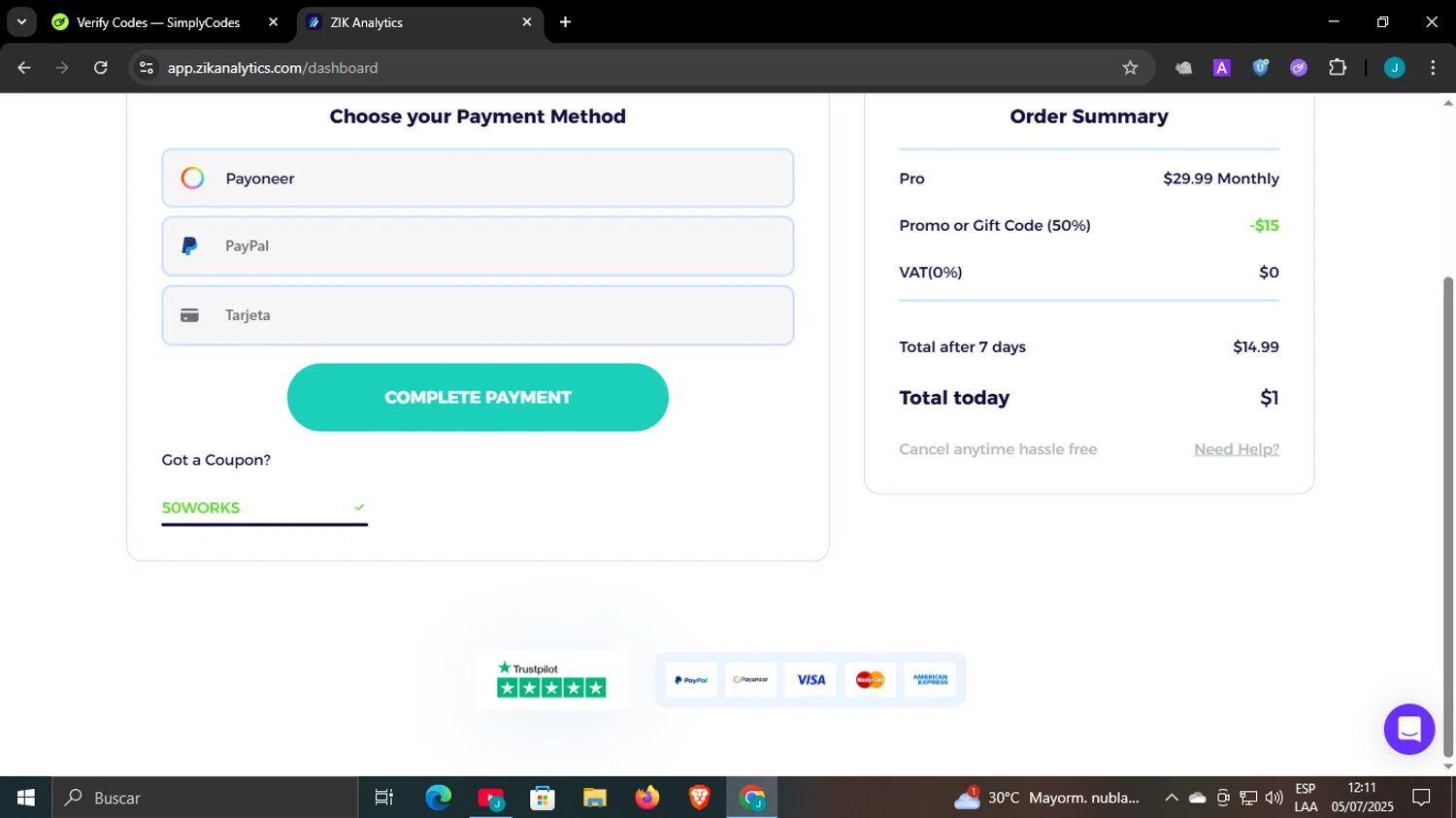 ZIK Analytics coupon code screenshot showing code 50WORKS applied at ZIK Analytics checkout page. Uploaded by SimplyCodes community member WonderCaptain6926 on Jul 5, 2025