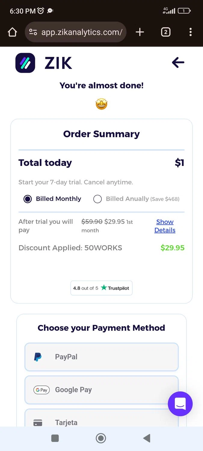 ZIK Analytics coupon code screenshot showing code 50WORKS applied at ZIK Analytics checkout page. Uploaded by SimplyCodes community member juliocoronel038ef0f on Dec 9, 2025