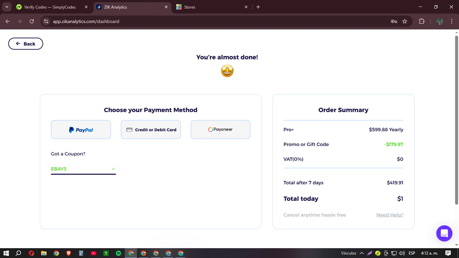 ZIK Analytics coupon code screenshot showing code EBAY3 applied at ZIK Analytics checkout page. Uploaded by SimplyCodes community member Mr_Allighieri on Mar 16, 2025