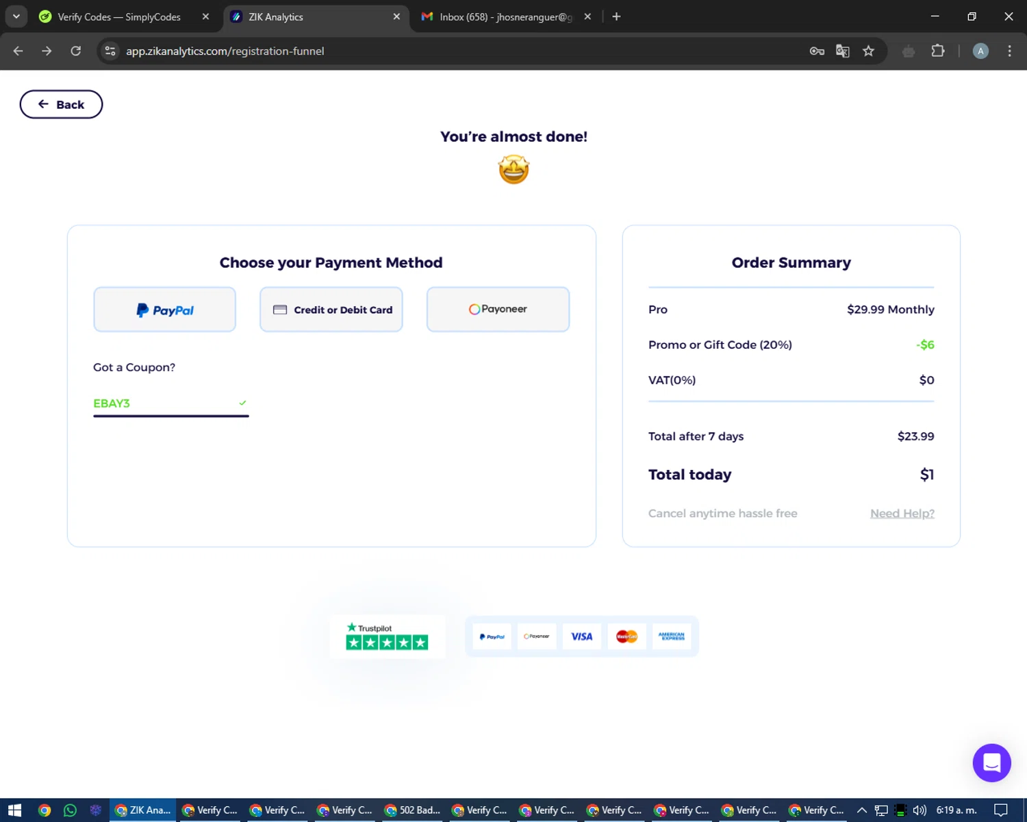 ZIK Analytics coupon code screenshot showing code EBAY3 applied at ZIK Analytics checkout page. Uploaded by SimplyCodes community member trippieredd on Jan 28, 2025