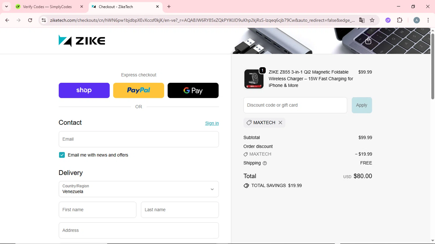ZikeTech discount code screenshot showing code MAXTECH applied at ZikeTech checkout page. Uploaded by SimplyCodes community member CrownSpotter6947 on Dec 25, 2025