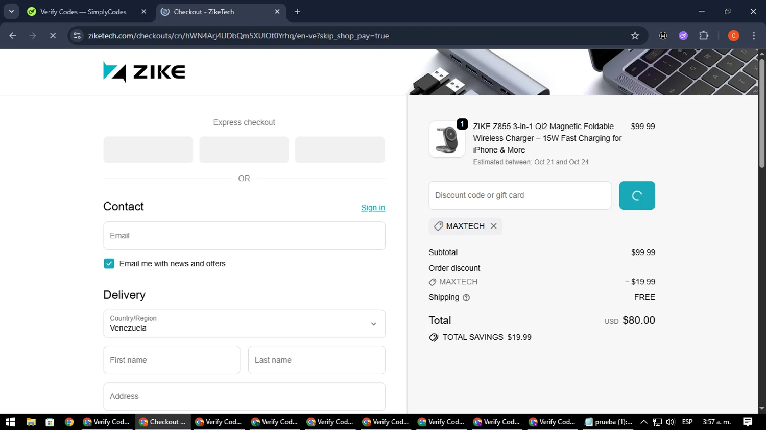ZikeTech discount code screenshot showing code MAXTECH applied at ZikeTech checkout page. Uploaded by SimplyCodes community member NatanaelCano on Oct 16, 2025