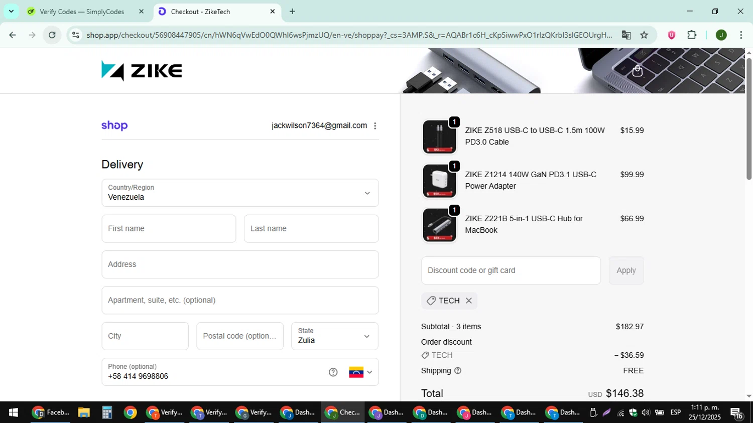 ZikeTech discount code screenshot showing code TECH applied at ZikeTech checkout page. Uploaded by SimplyCodes community member ShieldFinder369 on Dec 25, 2025