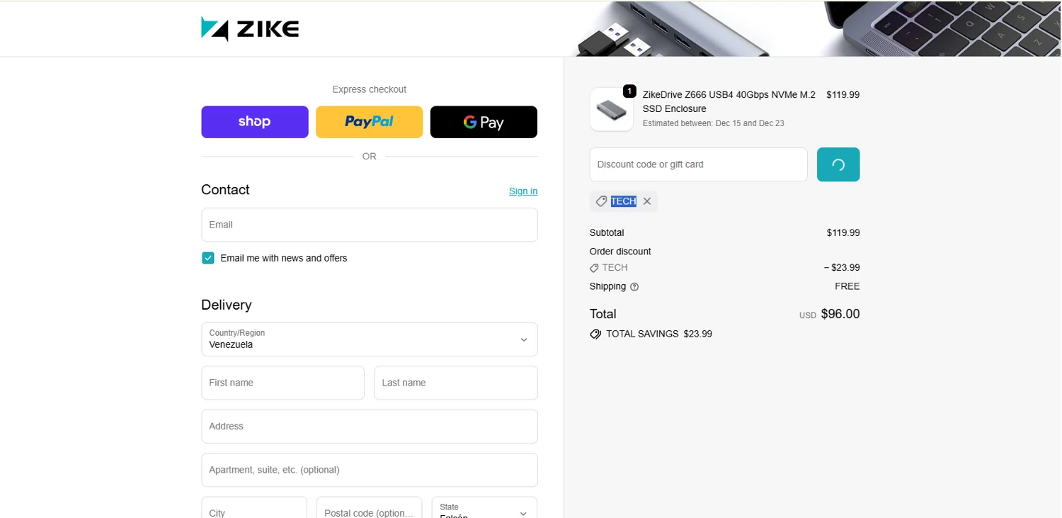 ZikeTech discount code screenshot showing code TECH applied at ZikeTech checkout page. Uploaded by SimplyCodes community member kalltrom21 on Dec 9, 2025