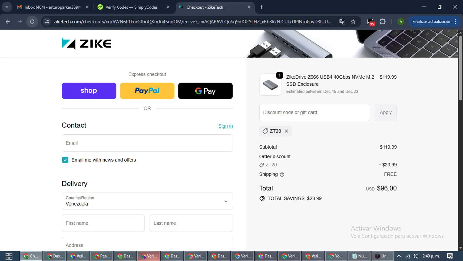 ZikeTech discount code screenshot showing code ZT20 applied at ZikeTech checkout page. Uploaded by SimplyCodes community member CashLynx5338 on Dec 9, 2025