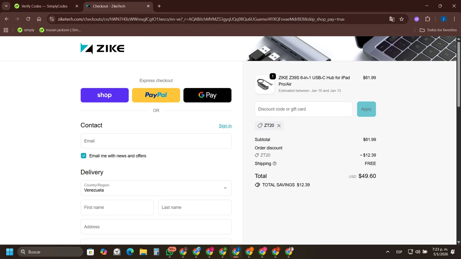 ZikeTech discount code screenshot showing code ZT20 applied at ZikeTech checkout page. Uploaded by SimplyCodes community member yameteqdasai on Jan 5, 2026