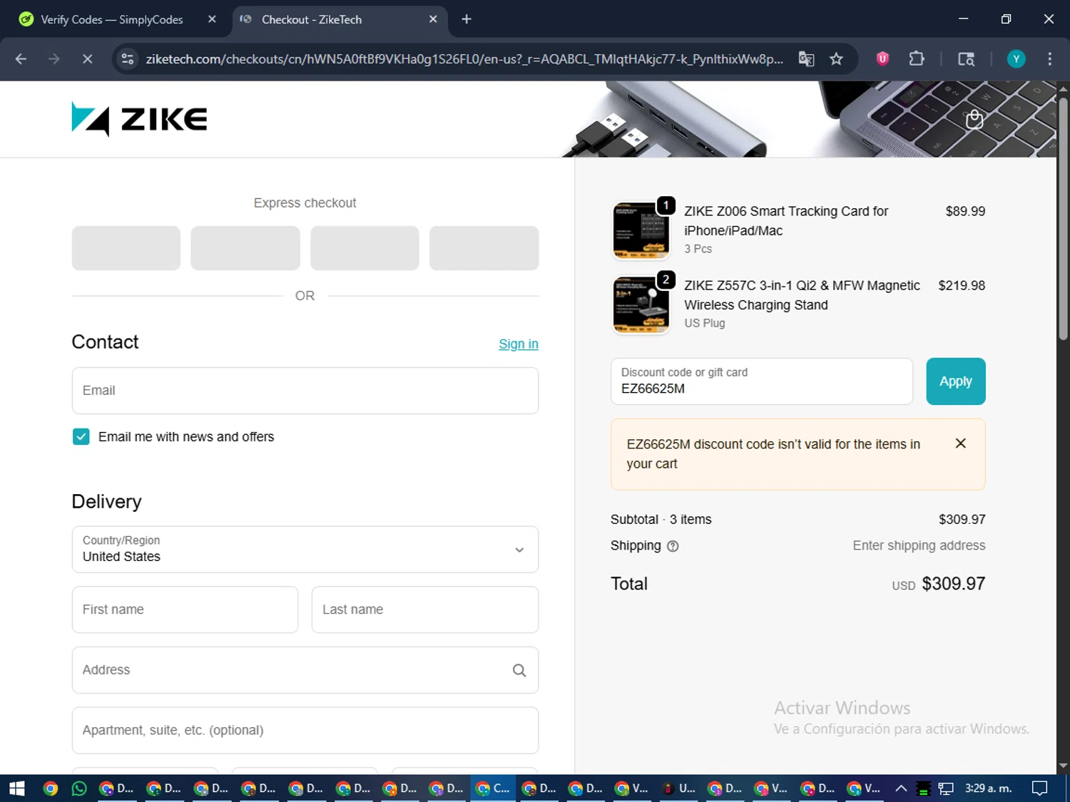 ZikeTech discount code screenshot showing code EZ66625M applied at ZikeTech checkout page. Uploaded by SimplyCodes community member RoyalEagle4794 on Nov 11, 2025