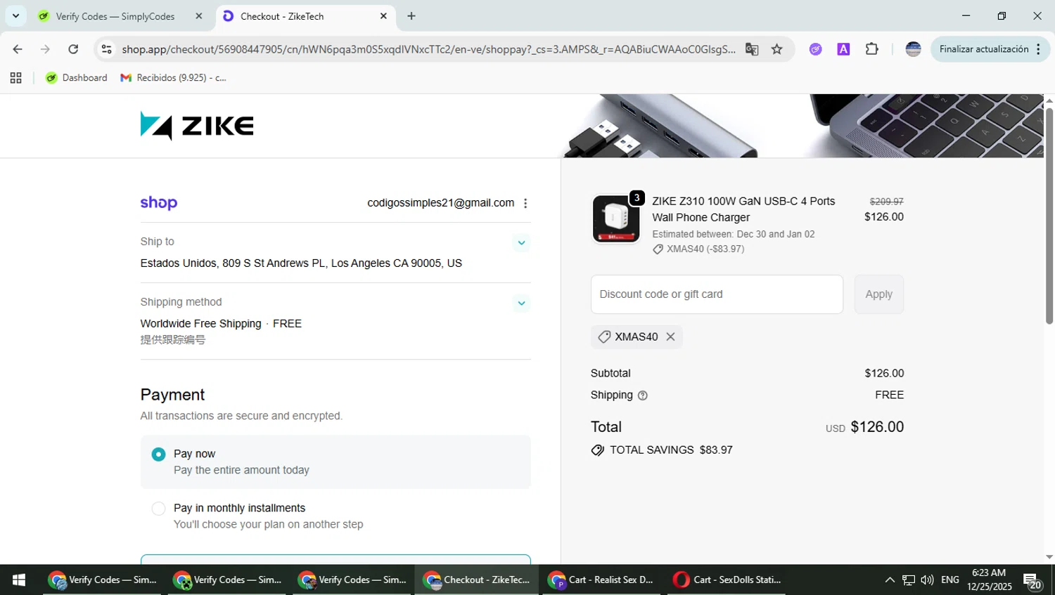 ZikeTech discount code screenshot showing code XMAS40 applied at ZikeTech checkout page. Uploaded by SimplyCodes community member Typhlosion on Dec 25, 2025