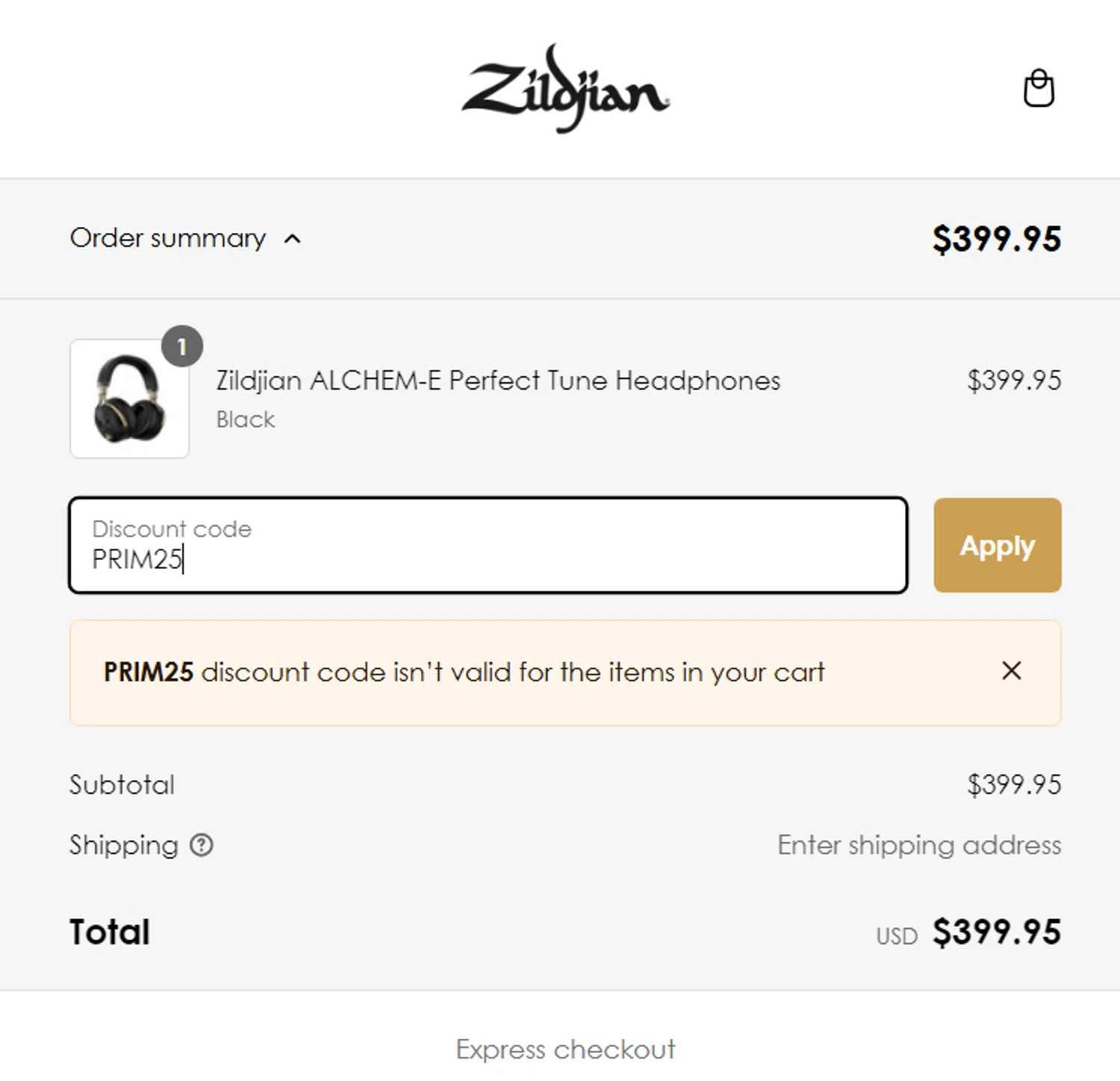 Zildjian discount code screenshot showing code PRIM25 applied at Zildjian checkout page. Uploaded by SimplyCodes community member Coolemorestt on Jan 31, 2025