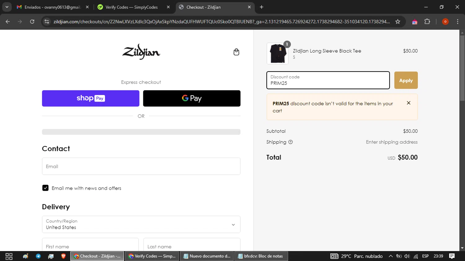 Zildjian discount code screenshot showing code PRIM25 applied at Zildjian checkout page. Uploaded by SimplyCodes community member WiseTracker2171 on Jan 31, 2025