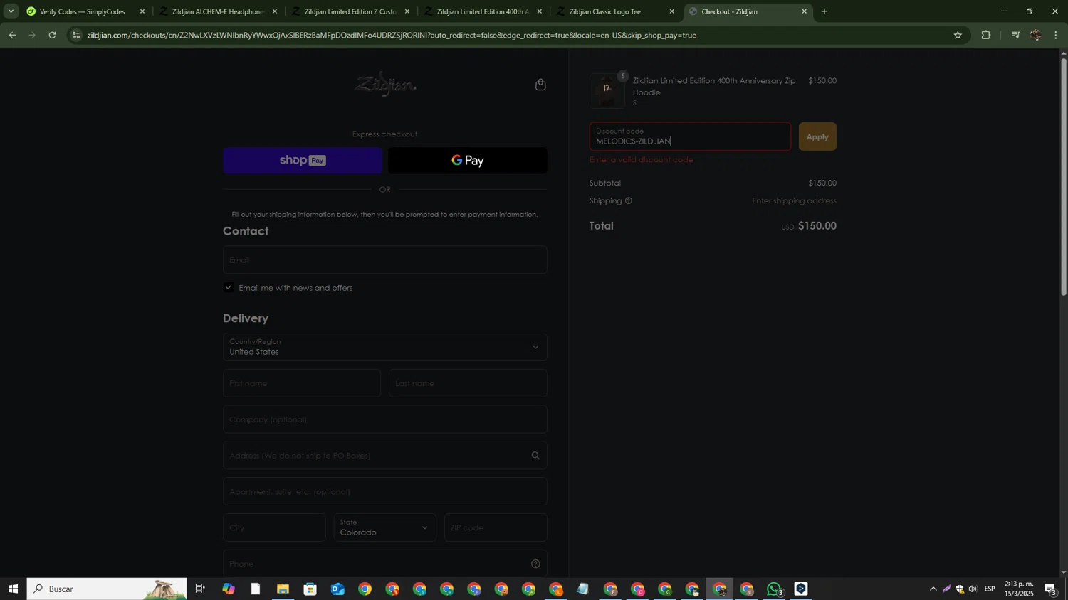 Zildjian discount code screenshot showing code MELODICS-ZILDJIAN applied at Zildjian checkout page. Uploaded by SimplyCodes community member ThriftySage4292 on Mar 15, 2025