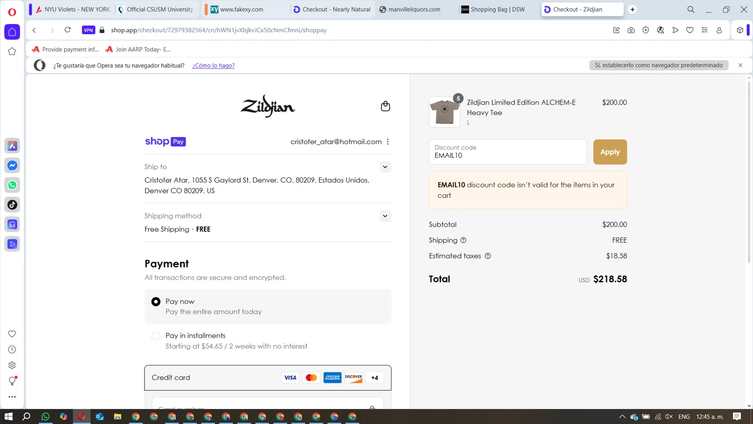 Zildjian discount code screenshot showing code EMAIL10 applied at Zildjian checkout page. Uploaded by SimplyCodes community member David_Gut_Sonic on Aug 13, 2025