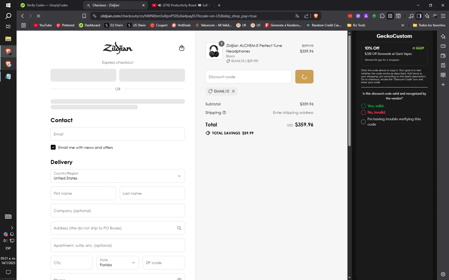 Zildjian discount code screenshot showing code EMAIL10 applied at Zildjian checkout page. Uploaded by SimplyCodes community member ilarrazaM1 on Jul 14, 2025