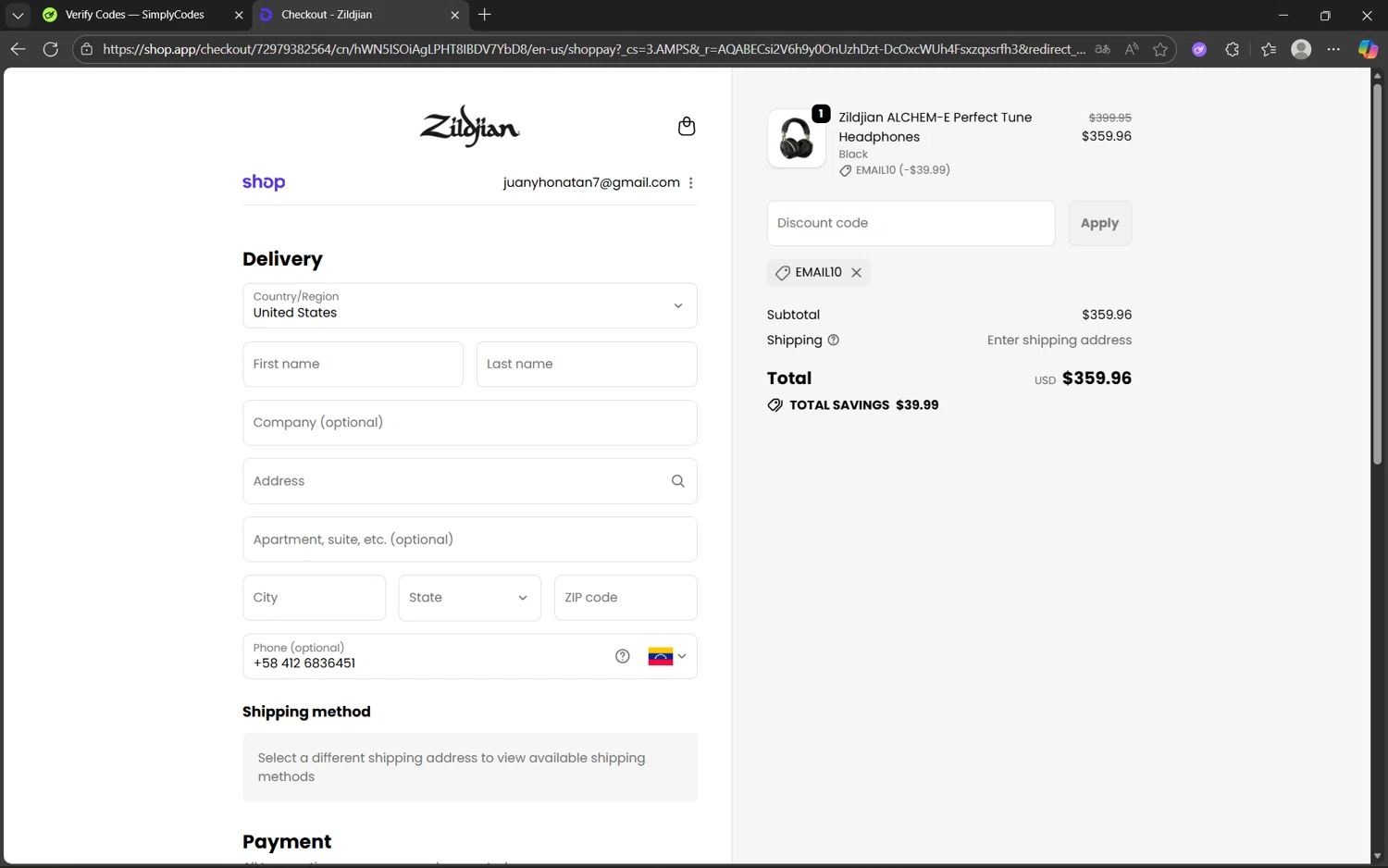 Zildjian discount code screenshot showing code EMAIL10 applied at Zildjian checkout page. Uploaded by SimplyCodes community member juan1702 on Nov 14, 2025
