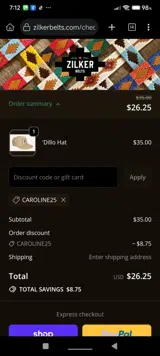 CAROLINE25 coupon verification screenshot