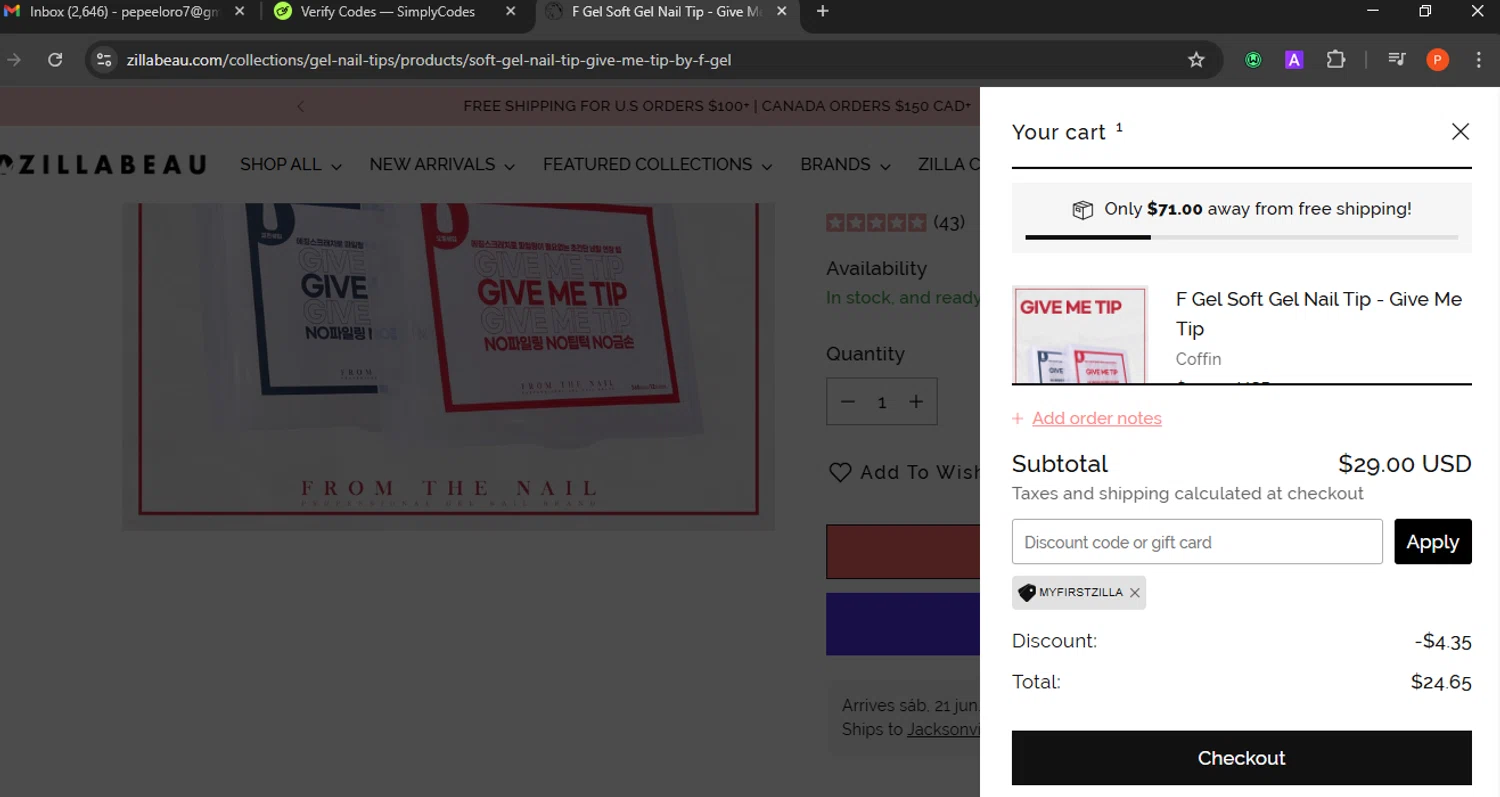 Zillabeau discount code screenshot showing code MYFIRSTZILLA applied at Zillabeau checkout page. Uploaded by SimplyCodes community member Eminem on Jun 16, 2025