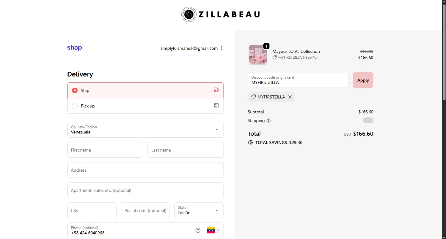 Zillabeau discount code screenshot showing code MYFIRSTZILLA applied at Zillabeau checkout page. Uploaded by SimplyCodes community member WoskalJR on Nov 10, 2025