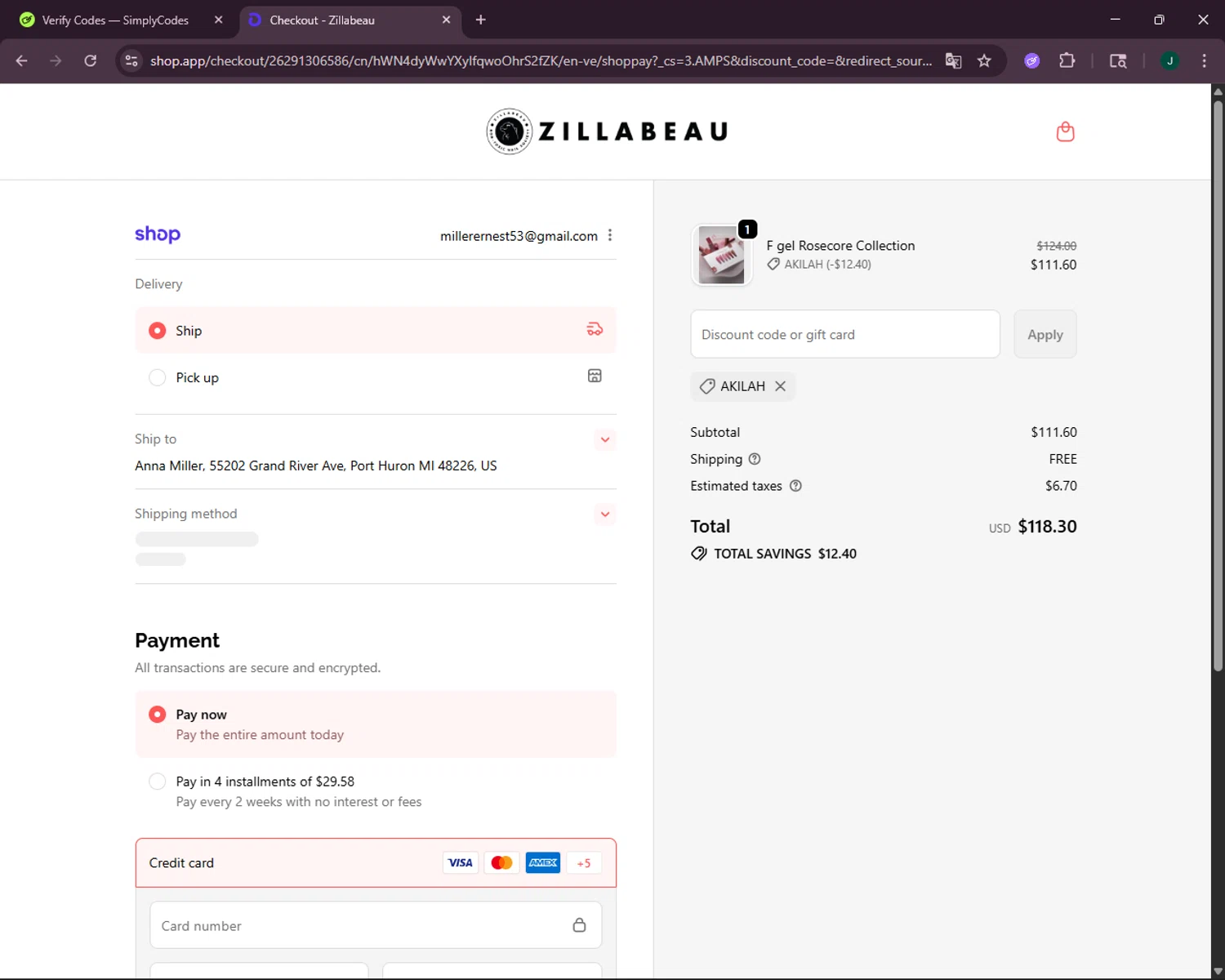 Zillabeau discount code screenshot showing code AKILAH applied at Zillabeau checkout page. Uploaded by SimplyCodes community member VictoriousOwl2774 on Oct 28, 2025