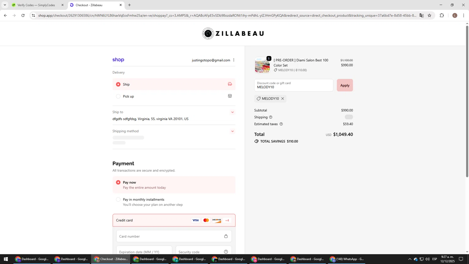 Zillabeau discount code screenshot showing code MELODY10 applied at Zillabeau checkout page. Uploaded by SimplyCodes community member BENELLI on Dec 12, 2025