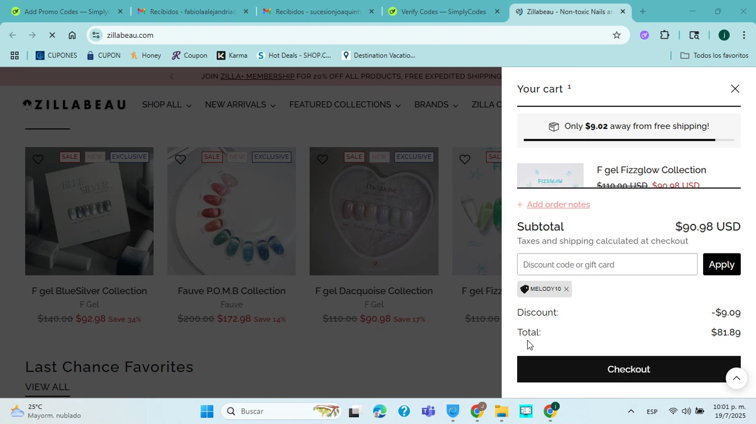 Zillabeau discount code screenshot showing code MELODY10 applied at Zillabeau checkout page. Uploaded by SimplyCodes community member jorgejavierherrera on Jul 20, 2025