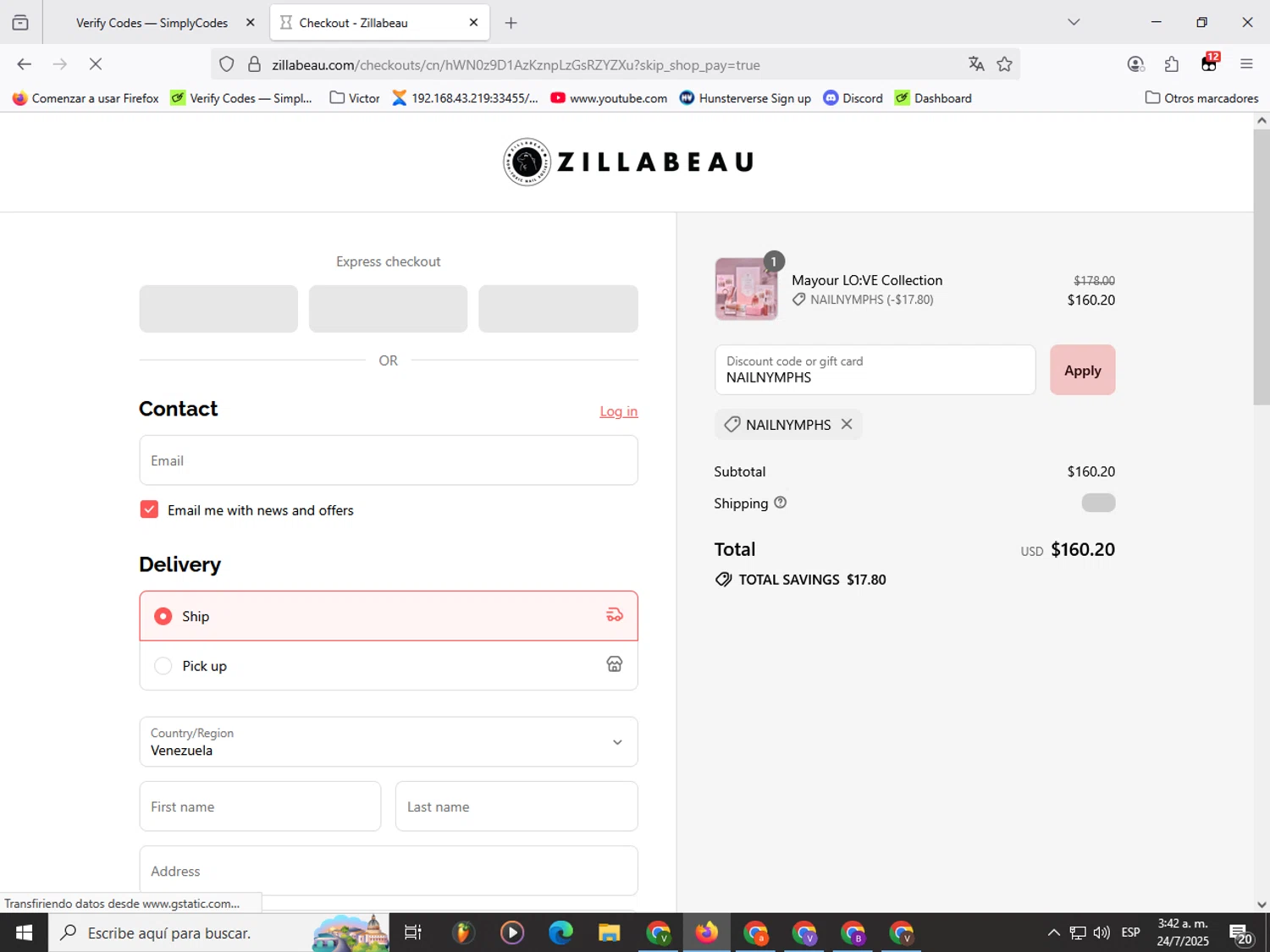 Zillabeau discount code screenshot showing code NAILNYMPHS applied at Zillabeau checkout page. Uploaded by SimplyCodes community member Garou_Y2K on Jul 24, 2025