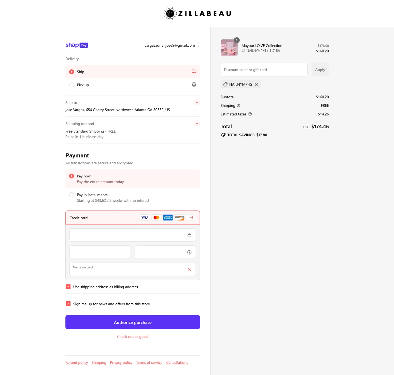 Zillabeau discount code screenshot showing code NAILNYMPHS applied at Zillabeau checkout page. Uploaded by SimplyCodes community member WladimirV on Jul 28, 2025