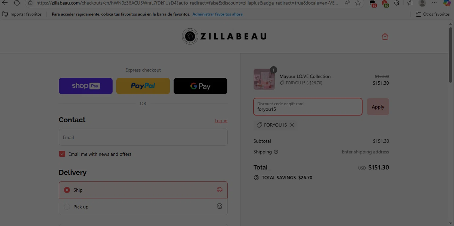 Zillabeau discount code screenshot showing code foryou15 applied at Zillabeau checkout page. Uploaded by SimplyCodes community member NobleLion9913 on Jul 24, 2025