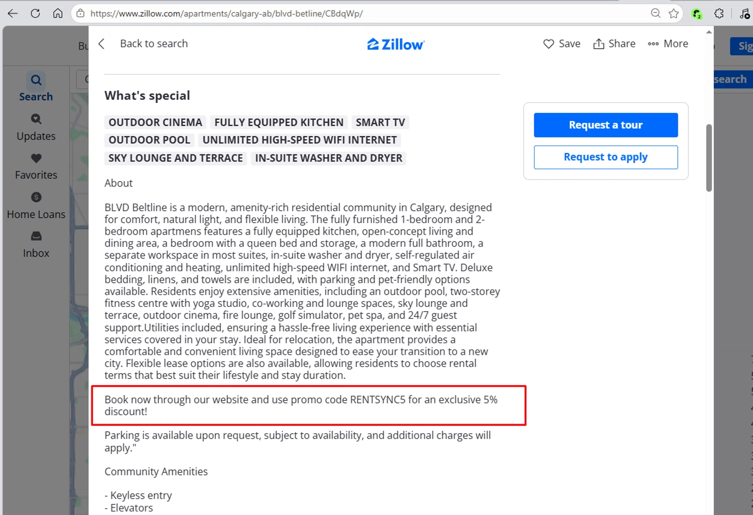 Zillow promo code screenshot showing code RENTSYNC5 applied at Zillow checkout page. Uploaded by SimplyCodes community member morella687 on Jun 2, 2026