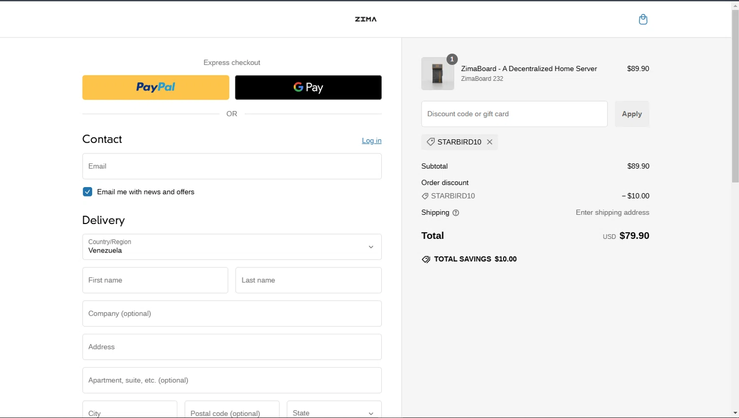ZimaBoard discount code screenshot showing code starbird10 applied at ZimaBoard checkout page. Uploaded by SimplyCodes community member TokioMiller on Jan 13, 2025