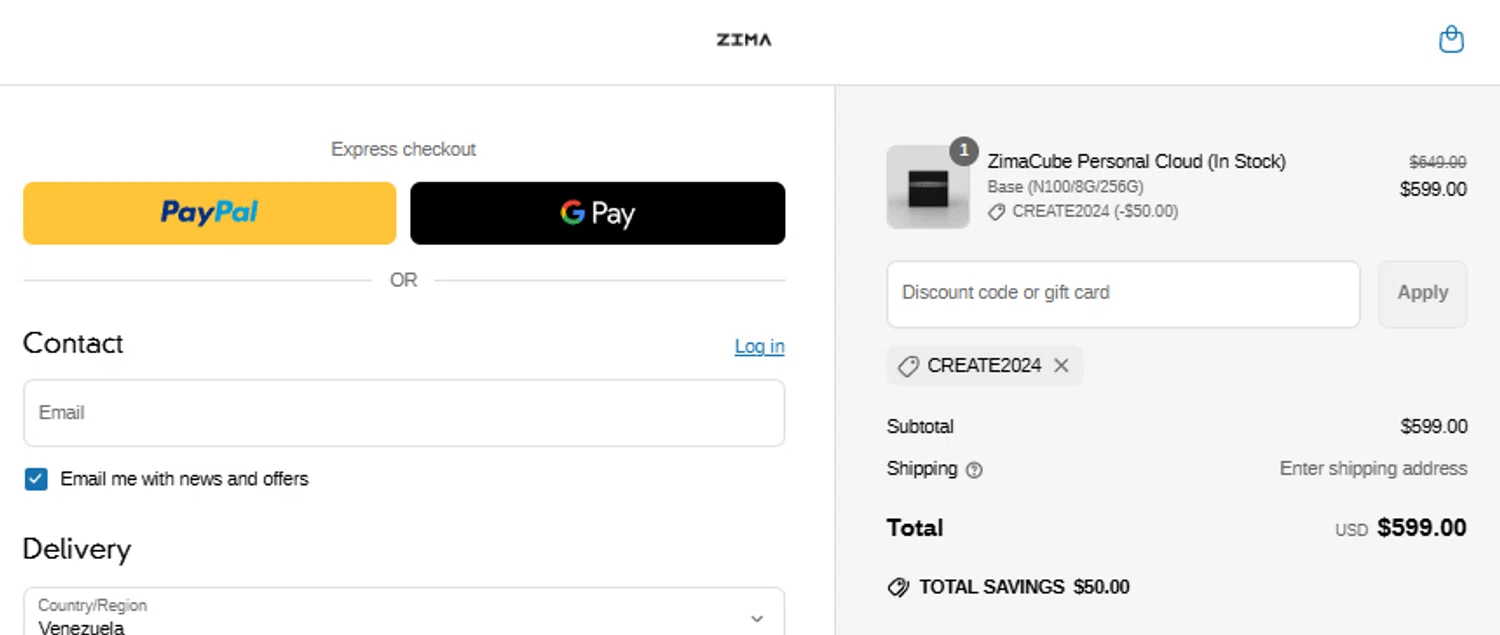 ZimaBoard discount code screenshot showing code create2024 applied at ZimaBoard checkout page. Uploaded by SimplyCodes community member idkxxx on Mar 29, 2025