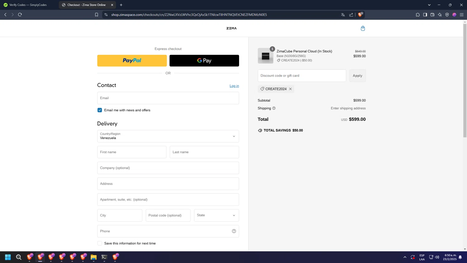 ZimaBoard discount code screenshot showing code create2024 applied at ZimaBoard checkout page. Uploaded by SimplyCodes community member diosgreed2030 on Feb 23, 2025