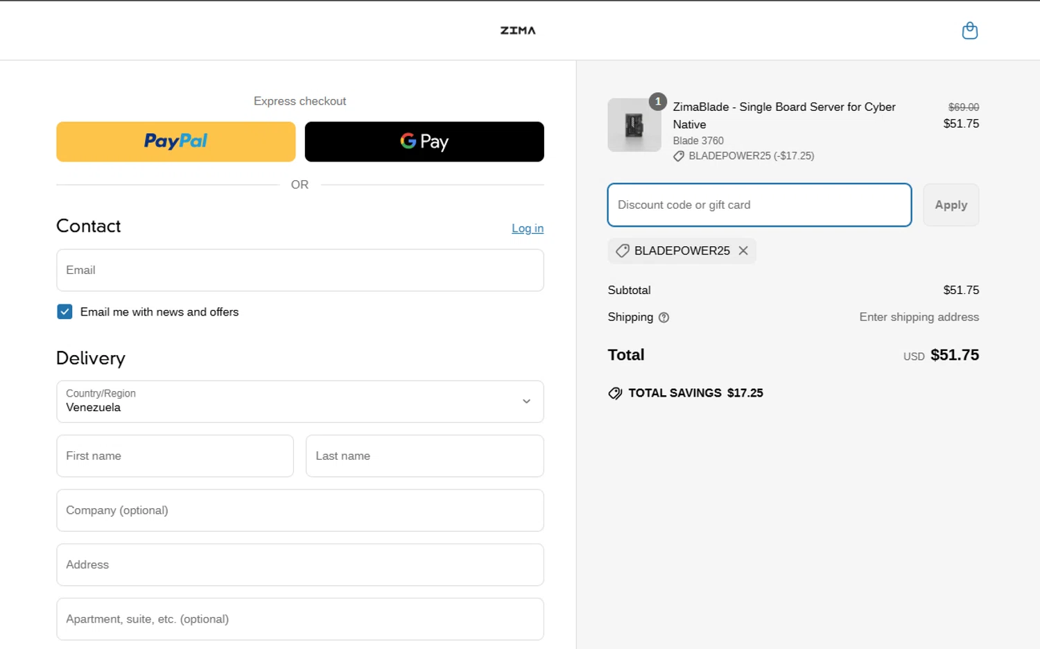 ZimaBoard discount code screenshot showing code BLADEPOWER25 applied at ZimaBoard checkout page. Uploaded by SimplyCodes community member CashTracker4266 on Mar 29, 2025