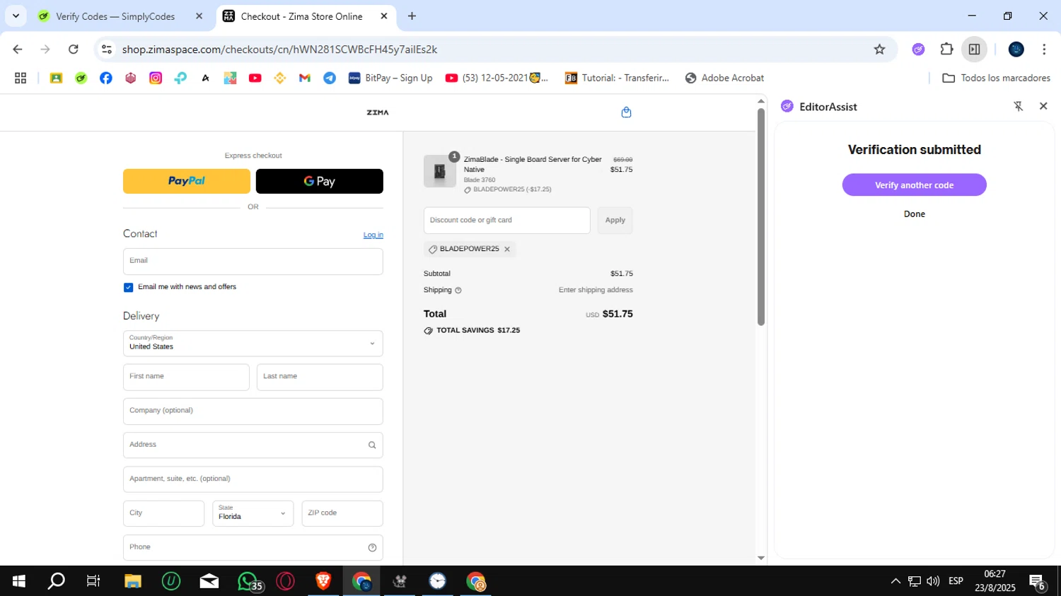 ZimaBoard discount code screenshot showing code BLADEPOWER25 applied at ZimaBoard checkout page. Uploaded by SimplyCodes community member SunJinWoo on Aug 23, 2025