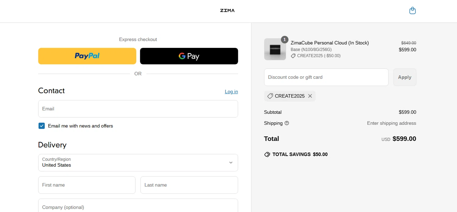 ZimaBoard discount code screenshot showing code CREATE2025 applied at ZimaBoard checkout page. Uploaded by SimplyCodes community member FrugalKnight782 on Apr 10, 2025
