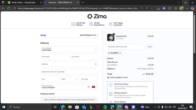 ZIMA DENTAL checkout page showing ZIMA DENTAL discount code box | Screenshot taken by SimplyCodes community member on Sep 8, 2025