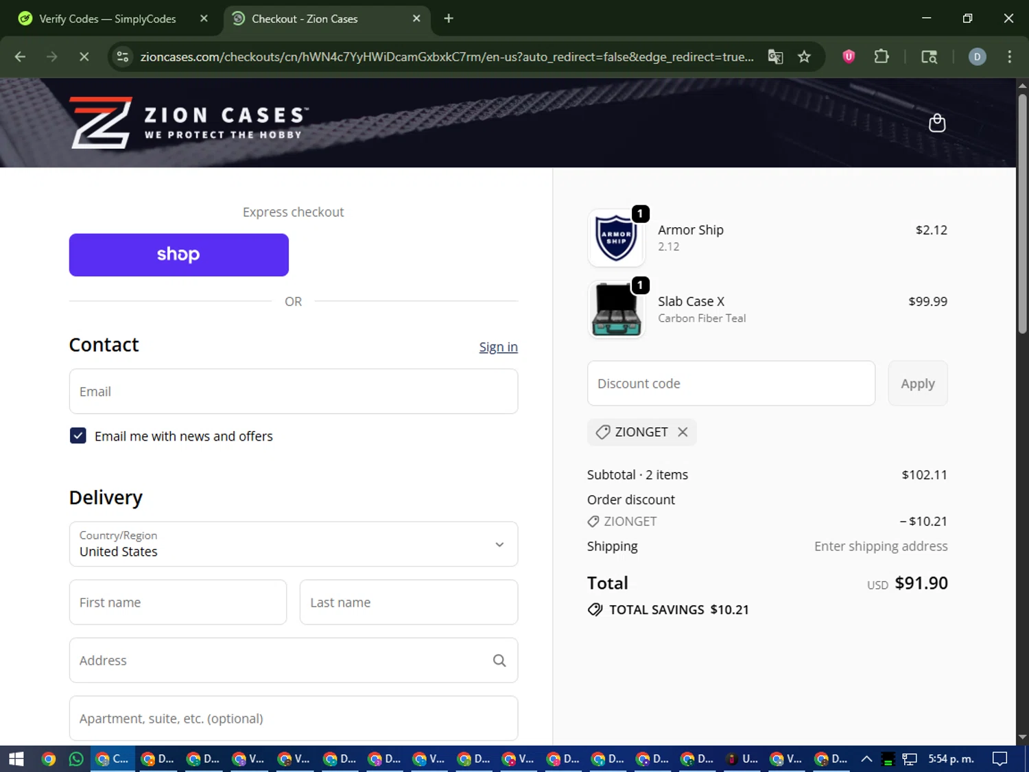 Zion Cases discount code screenshot showing code zionget applied at Zion Cases checkout page. Uploaded by SimplyCodes community member CleverCurator2558 on Oct 27, 2025