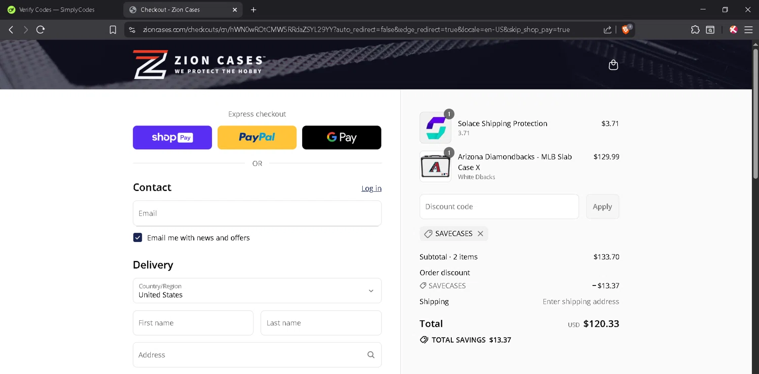 Zion Cases discount code screenshot showing code savecases applied at Zion Cases checkout page. Uploaded by SimplyCodes community member JosephStevens774 on Jul 23, 2025