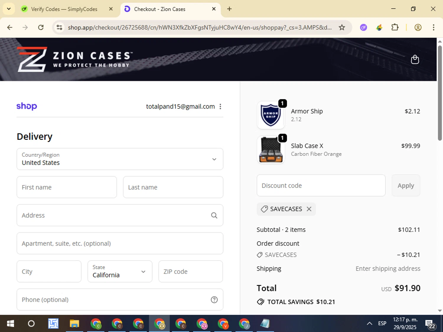 Zion Cases discount code screenshot showing code savecases applied at Zion Cases checkout page. Uploaded by SimplyCodes community member VictorL on Sep 29, 2025