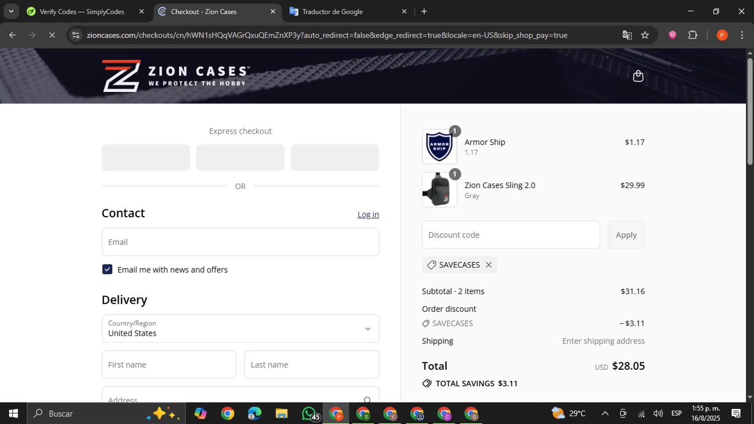 Zion Cases discount code screenshot showing code savecases applied at Zion Cases checkout page. Uploaded by SimplyCodes community member VictoriousCaptain2658 on Aug 16, 2025
