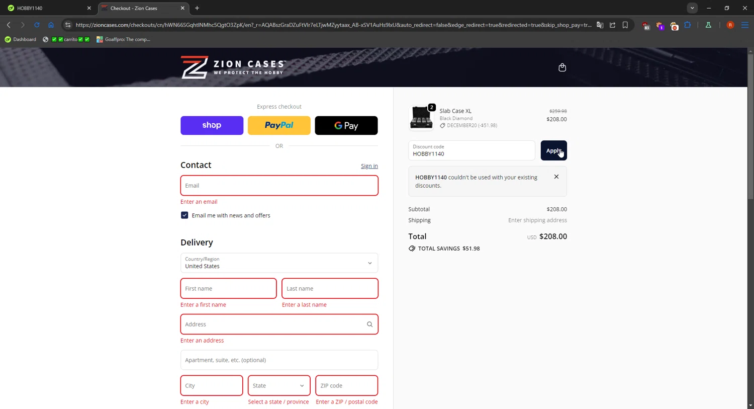 Zion Cases discount code screenshot showing code HOBBY1140 applied at Zion Cases checkout page. Uploaded by SimplyCodes community member RebateCaptain6918 on Dec 6, 2025