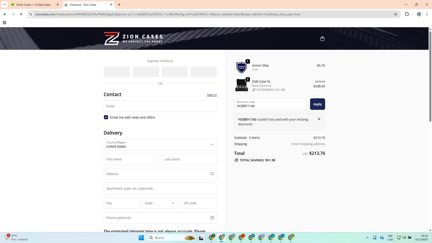 Zion Cases discount code screenshot showing code HOBBY1140 applied at Zion Cases checkout page. Uploaded by SimplyCodes community member TRITON on Dec 6, 2025