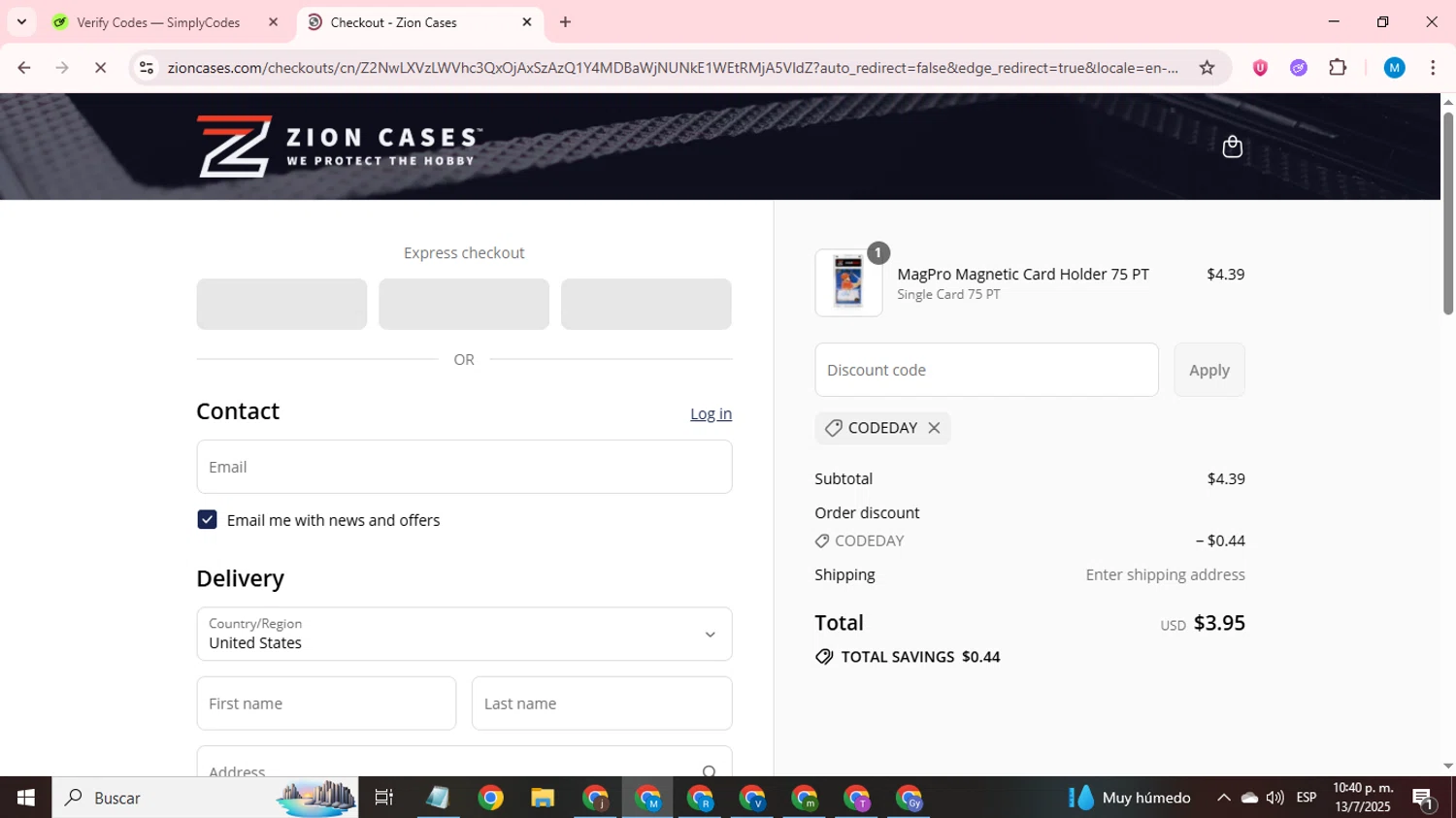 Zion Cases discount code screenshot showing code codeday applied at Zion Cases checkout page. Uploaded by SimplyCodes community member LegendaryCurator1585 on Jul 14, 2025